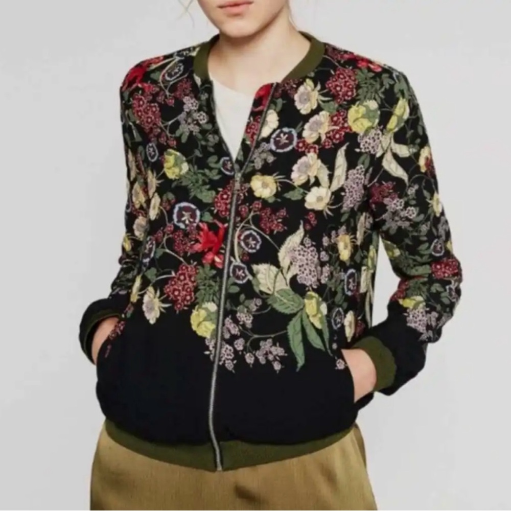 TRF Outerwear, Zara, Black Bomber Jacket, Floral, size S